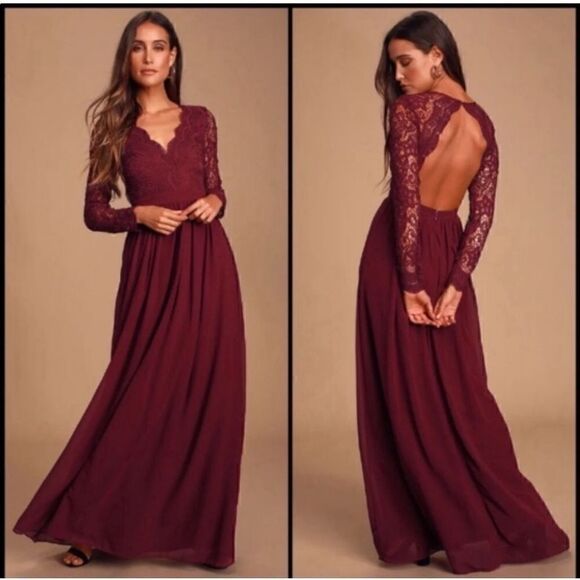 Lulus Awaken My Love Long Sleeve Lace Maxi Dress Burgundy Size Small - Picture 2 of 8
